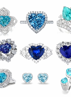 实验室人工培育帕拉伊巴宝石色电光蓝心形霓虹蓝首饰裸石戒指定制