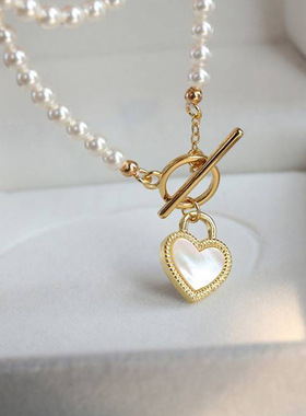 新品黑白桃心颈炼 施家珍珠项炼爱心吊坠锁骨链OT扣设计爱心吊坠