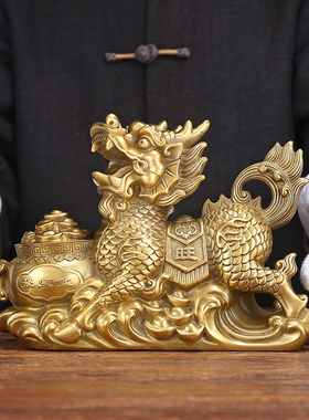 纯铜麒麟摆件一对聚宝盆招财聚财客厅家用玄关门口装饰品乔迁礼品