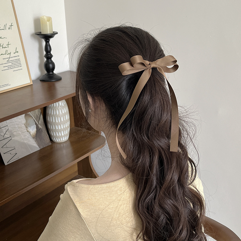 法式双层蝴蝶结飘带发夹后脑勺马尾半扎发少女丝带发卡顶夹鸭嘴夹 - 图3