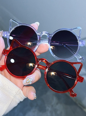 儿童墨镜彩色简约猫耳防紫外线遮阳镜男童女童护眼卡通眼镜太阳镜