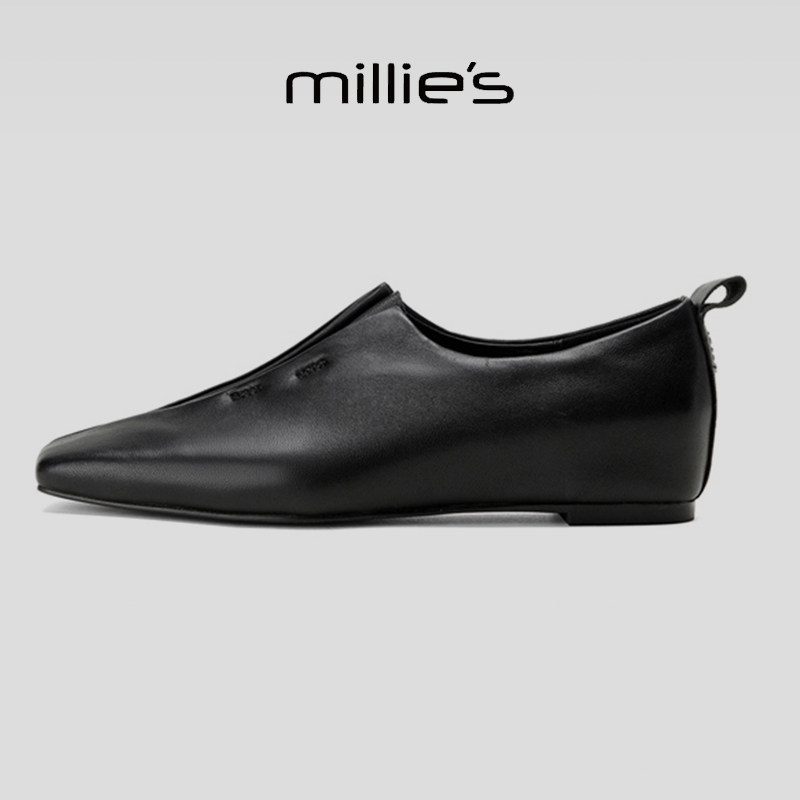 MILLIE'S/妙丽真皮黑色方头乐福鞋女一脚蹬懒人鞋平底折叠小皮鞋,淘宝优惠券,粉丝福利购,淘宝优惠卷