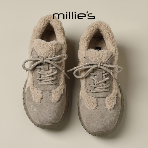 MILLIE'S/妙丽2025冬季新款加绒保暖舒适休闲德训鞋厚底增高女鞋Q - 图0