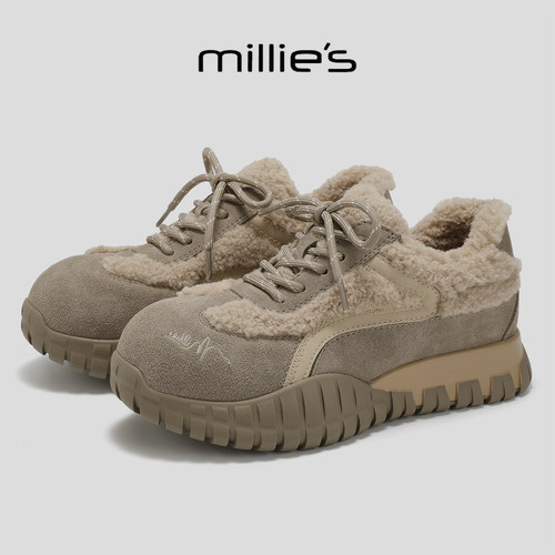MILLIE'S/妙丽2025冬季新款加绒保暖舒适休闲德训鞋厚底增高女鞋Q - 图2