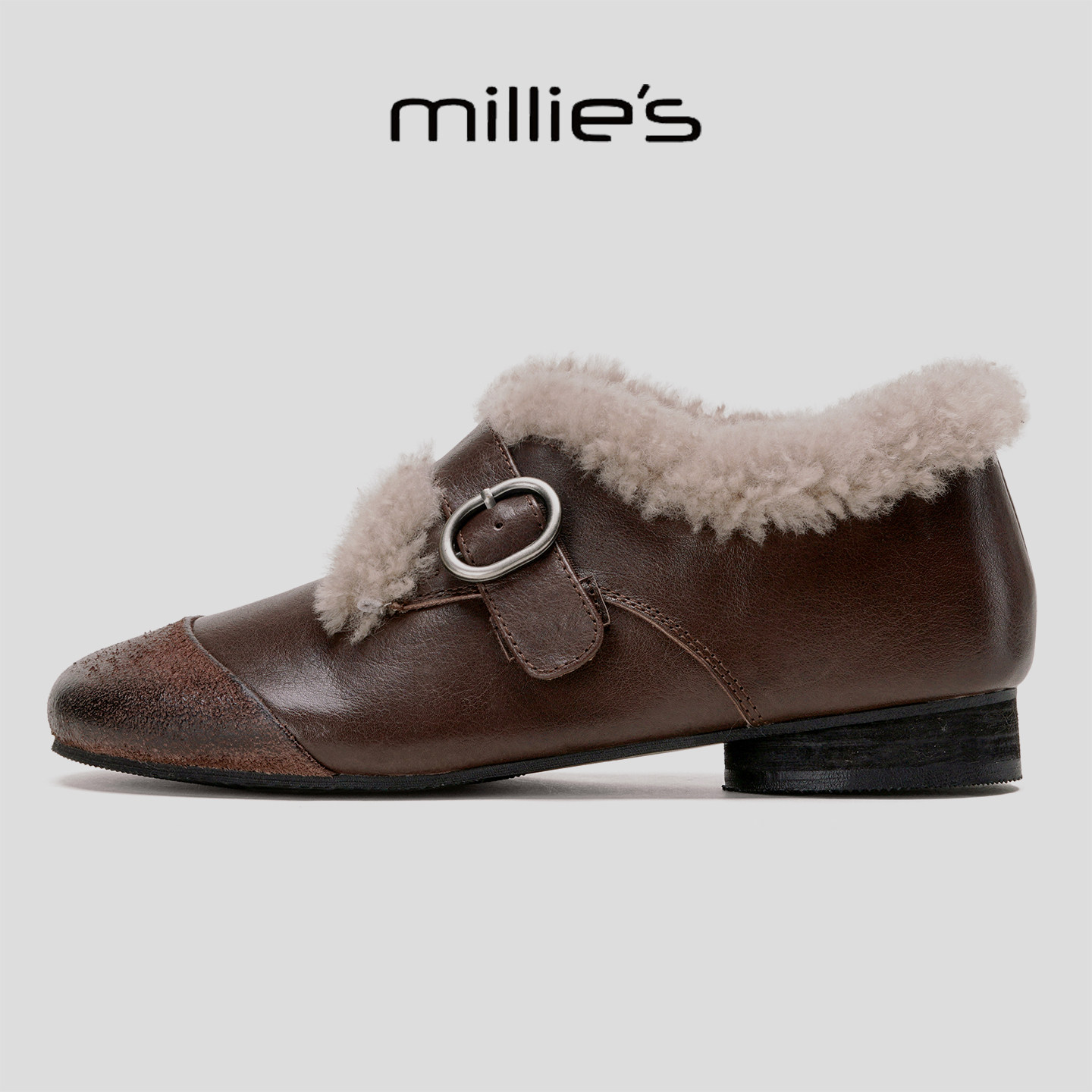 MILLIE'S/妙丽加绒毛毛鞋乐福鞋女真皮保暖一脚蹬工装棕色懒人鞋,淘宝优惠券,粉丝福利购,淘宝优惠卷