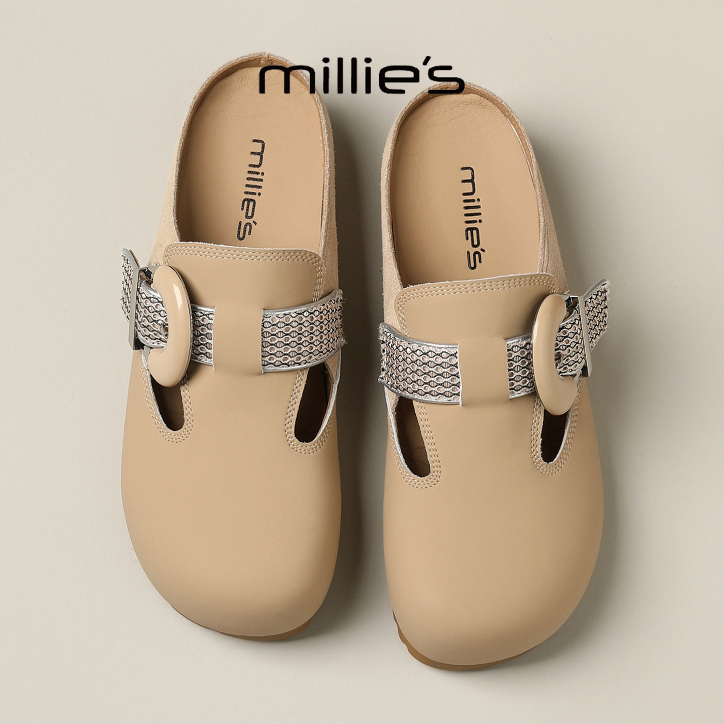 MILLIE'S/妙丽时尚水钻勃肯鞋女真皮复古包头一脚蹬平底鞋懒人鞋,淘宝优惠券,粉丝福利购,淘宝优惠卷