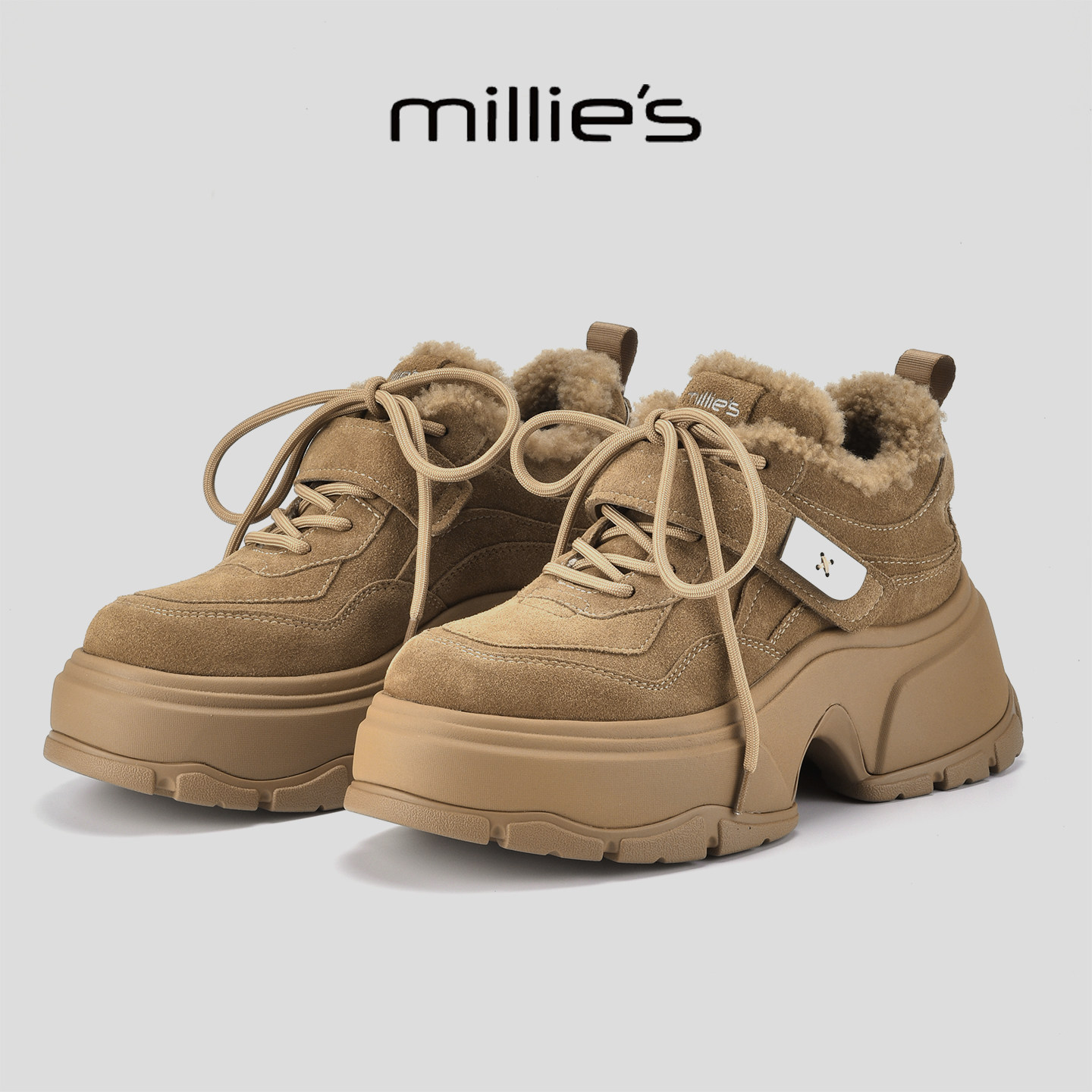 MILLIE'S/妙丽2025新款厚底系带勃肯鞋女冬季加绒保暖防滑休闲鞋,淘宝优惠券,粉丝福利购,淘宝优惠卷
