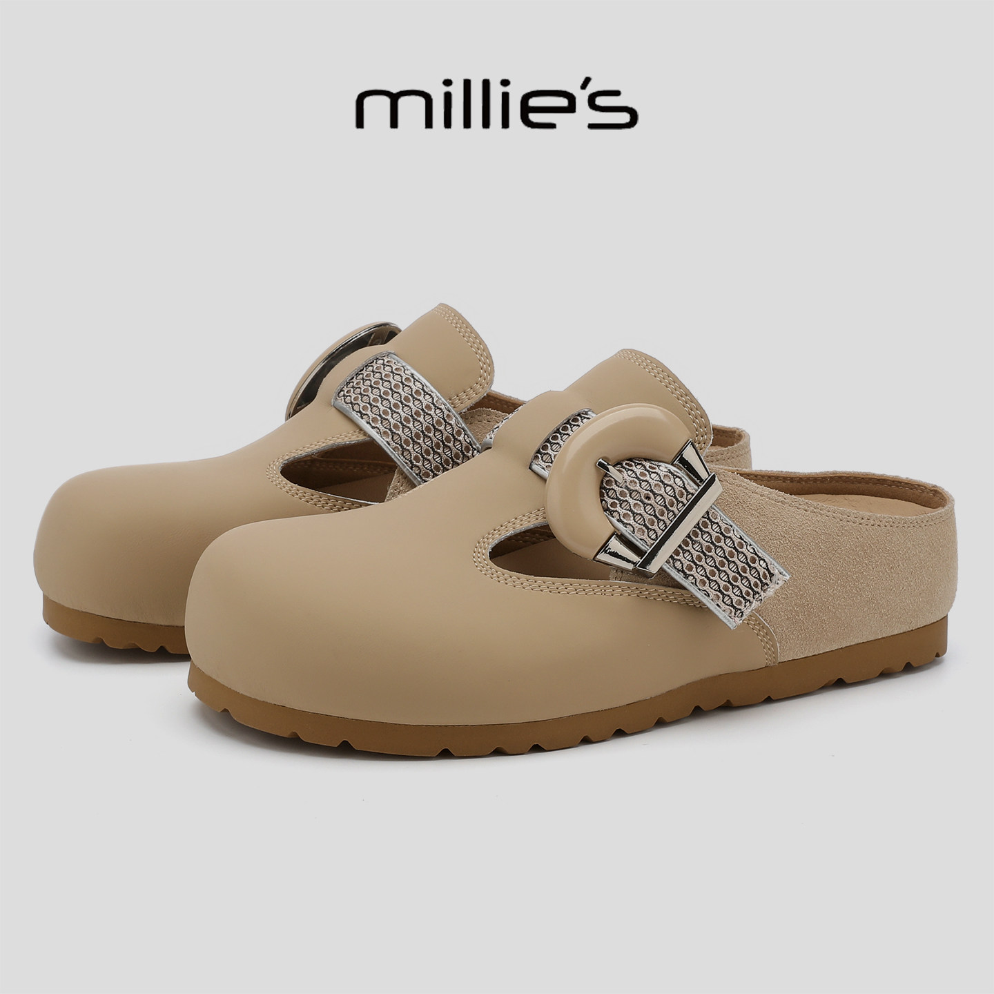 MILLIE'S/妙丽时尚水钻勃肯鞋女真皮复古包头一脚蹬平底鞋懒人鞋,淘宝优惠券,粉丝福利购,淘宝优惠卷