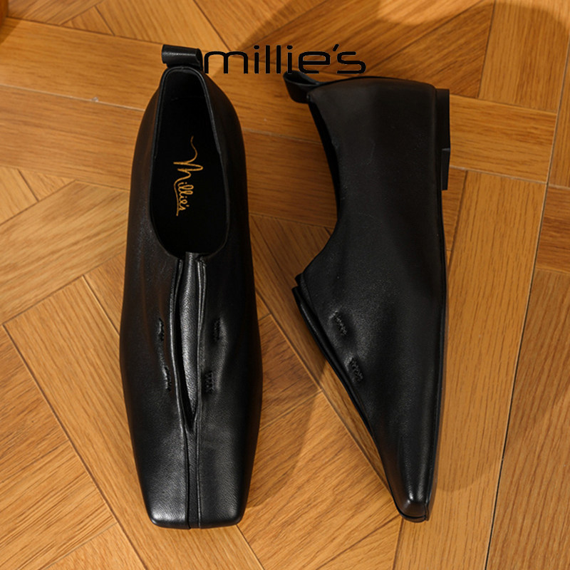 MILLIE'S/妙丽真皮黑色方头乐福鞋女一脚蹬懒人鞋平底折叠小皮鞋,淘宝优惠券,粉丝福利购,淘宝优惠卷