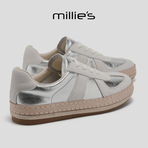 MILLIE'S/妙丽春季不累脚复古德训鞋女2026新款银色百搭休闲板鞋 - 图1