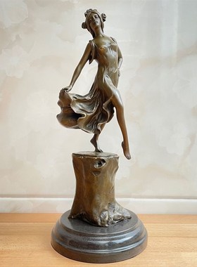 铜雕塑艺术品少女英姿树桩上的舞蹈人物工艺品创意摆件家居饰品