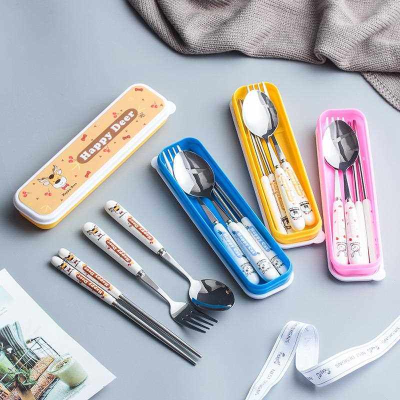 新款直销创意儿童陶瓷不锈钢餐具套装卡通筷子勺子叉便携式餐具三,淘宝优惠券,粉丝福利购,淘宝优惠卷