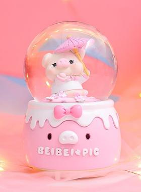 直销新款卡通嘟嘟猪水晶球八音盒创意粉色猪八音盒女生卧室桌面发