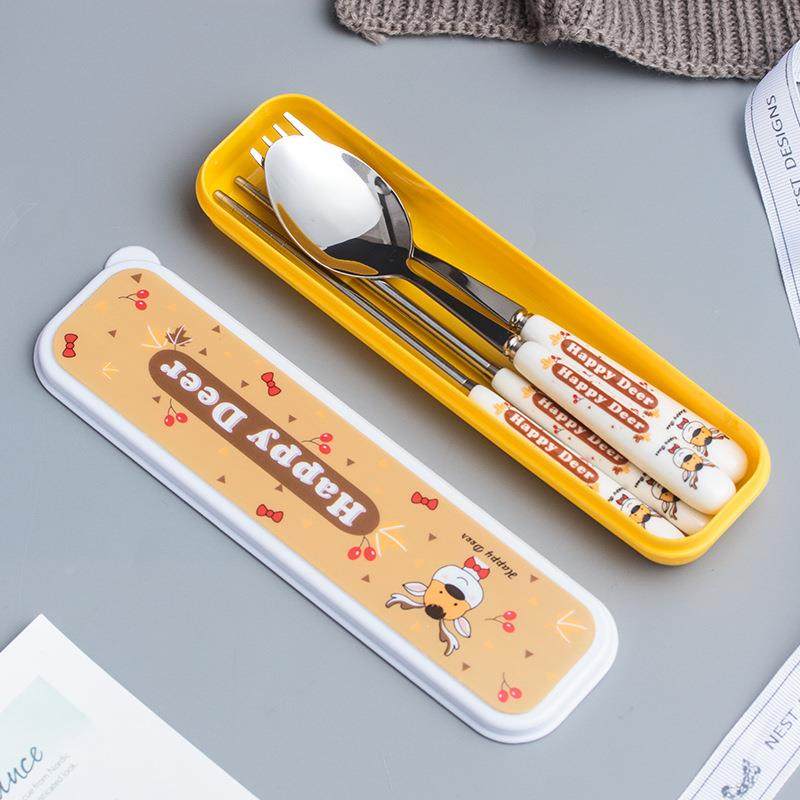 新款直销创意儿童陶瓷不锈钢餐具套装卡通筷子勺子叉便携式餐具三,淘宝优惠券,粉丝福利购,淘宝优惠卷
