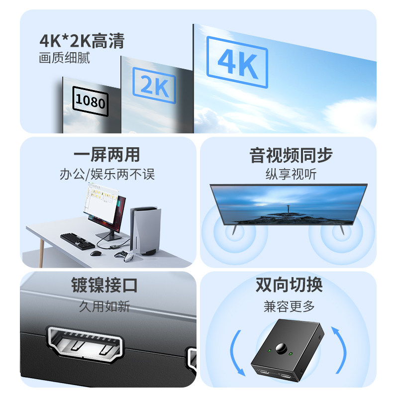 达而稳 hdmi切换器二进一出分配器一分二4K高清线连接电脑主机信号源视频转换显示屏幕一进二出一拖二分屏