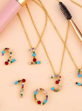 Ins wind inlaid color zircon number necklace 0-9 pendant luc