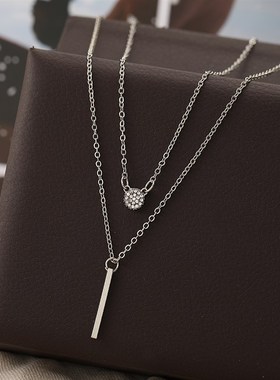 叨欧美新款ins满钻圆牌长条吊坠双层项链女创意个性叠戴锁骨链