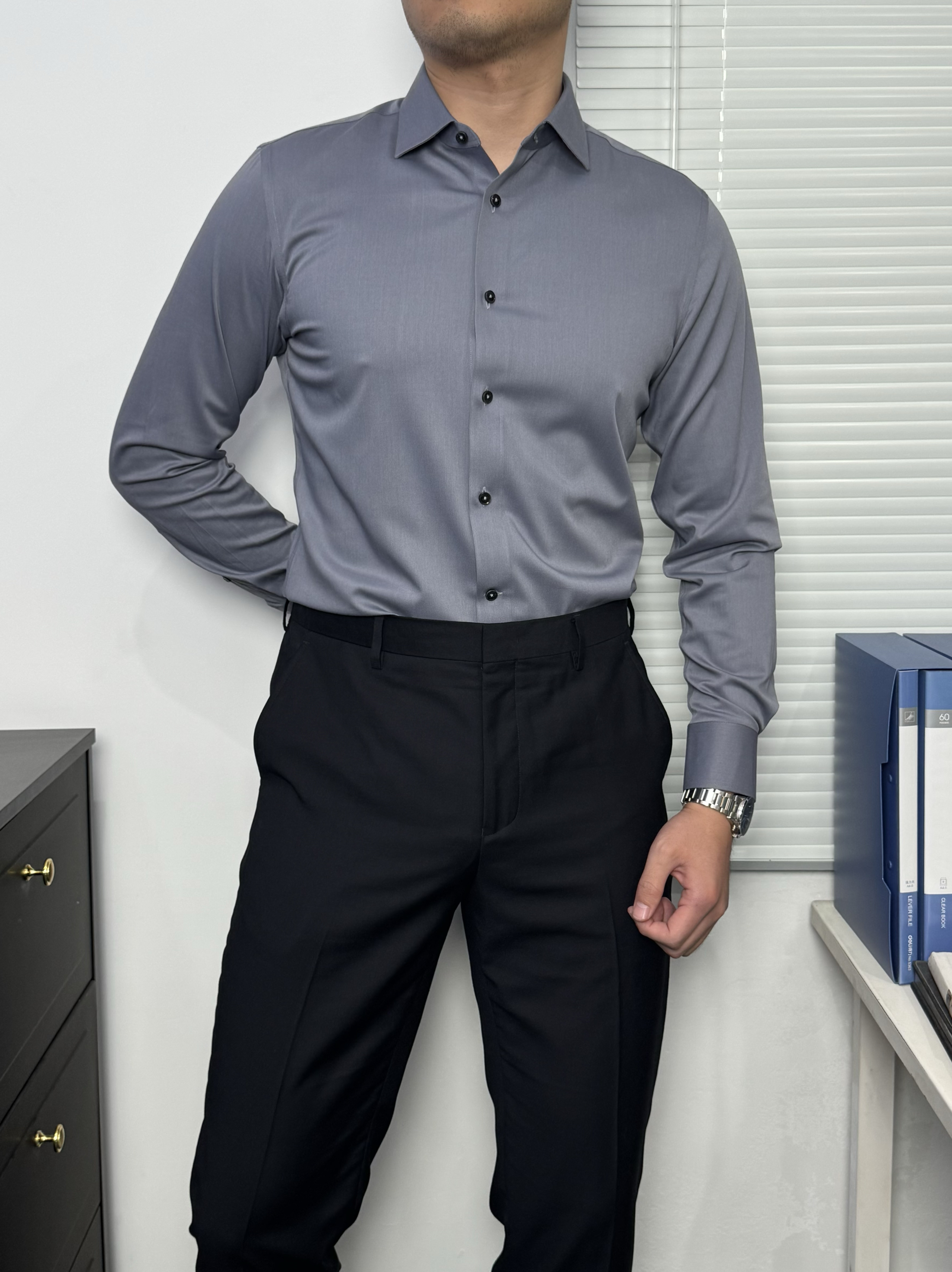 男士衬衫长袖西装男大尖领正装灰色衬衣商务休闲男衬衣抗皱 - 图0