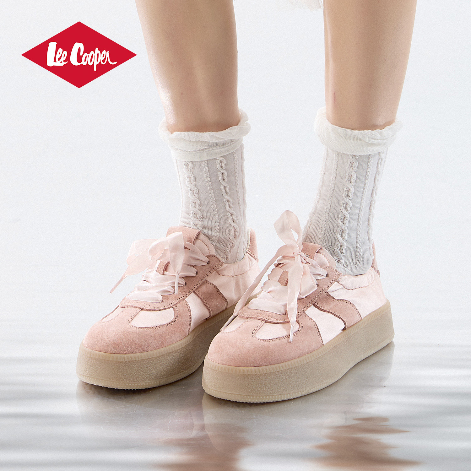 Lee Cooper厚底粉色德训鞋女款2025新款秋季复古百搭增高休闲板鞋,淘宝优惠券,粉丝福利购,淘宝优惠卷