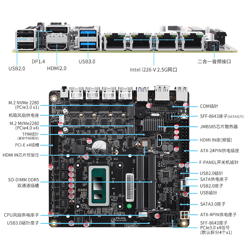 畅网12代8505/I5-12450H 6xSATA 6xM.2 NVME SSD NAS主板 DDR5 带PCIE4.0x4插槽 可定制HDMI IN 视频采集主板