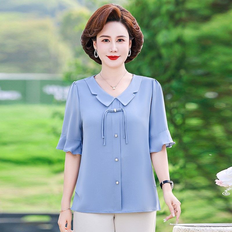 中年妈妈夏装短袖T恤雪纺小衫2024新款洋气质中老年女装夏季套装,淘宝优惠券,粉丝福利购,淘宝优惠卷