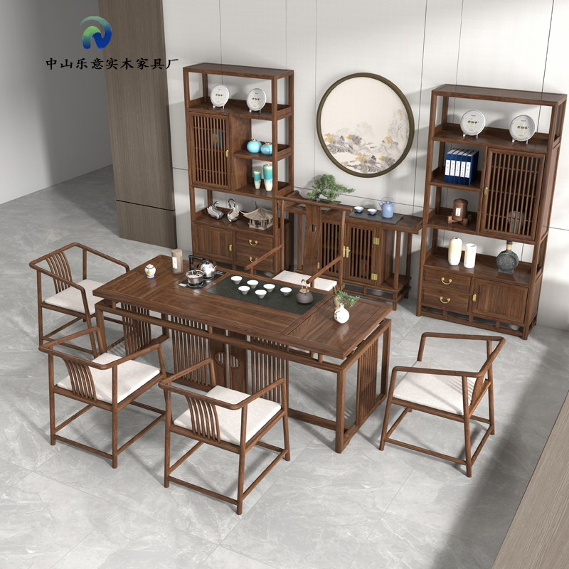 中式白蜡茶桌现代简约实木茶台功夫茶几茶柜一体多家用办公桌椅组 - 图0