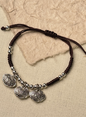 复古民族风苗银编织长命锁手链