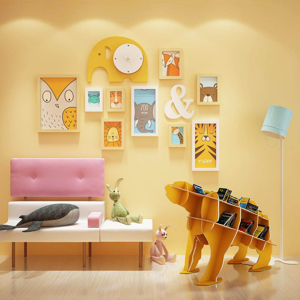 直销新款实木_6182_卡通实木照片墙儿童组合相框装饰大象装饰钟表,淘宝优惠券,粉丝福利购,淘宝优惠卷