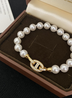 高级感施家正圆银灰色珍珠手链女时尚百搭轻奢气质