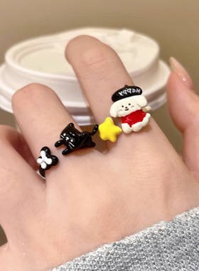 童趣可爱小狗滴釉戒指女小众设计感开口可调节食指戒卡通甜美指环