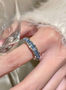 蓝色锆石雪花戒指女2026新款小众设计感百搭感可调节食指戒