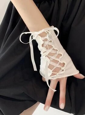黑色长款手套lolita蕾丝手袖女拼接芭蕾风丝绑带臂袖套cos甜酷风