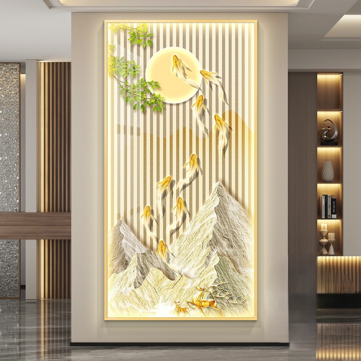 九鱼聚财LED灯画玄关装饰画入户走廊过道正对门挂画轻奢金山壁画,淘宝优惠券,粉丝福利购,淘宝优惠卷