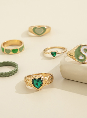 独立站热销镶嵌水钻桃心戒指创意甜美太极爱心滴油戒指6件套