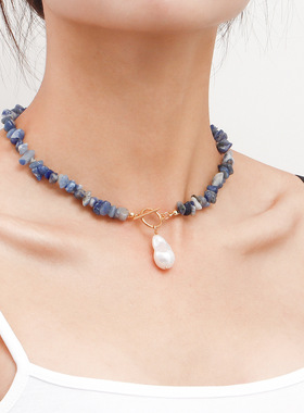 欧美跨境饰品 大号异形珍珠OT扣项链女 气质简约时尚蓝色松石项饰