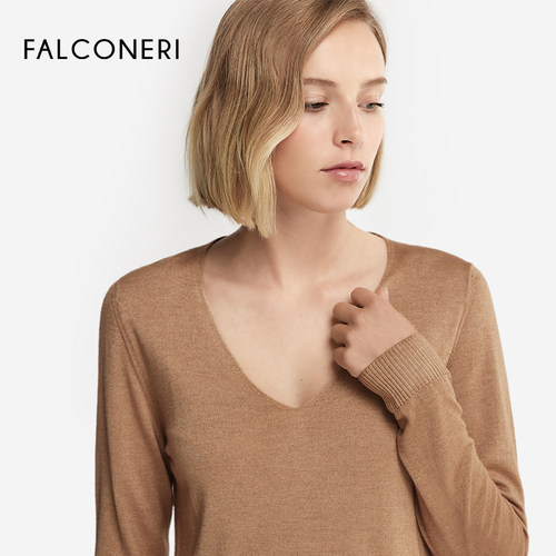 FALCONERI女士经典休闲修身长袖v领毛衣内搭山羊绒针织衫DMLD250 - 图2
