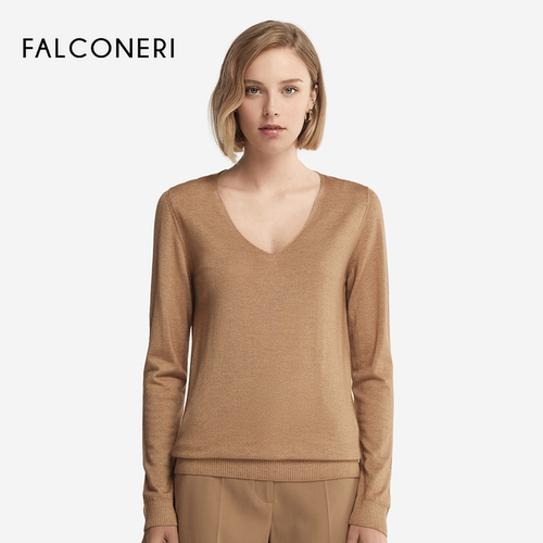 FALCONERI女士经典休闲修身长袖v领毛衣内搭山羊绒针织衫DMLD250 - 图3
