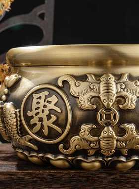 新款直销纯铜聚宝盆客厅玄关工艺品黄铜米缸狮头聚宝盆铜缸招财摆