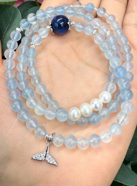 天然水晶海蓝宝珍珠蓝晶石鱼尾三圈手链时尚女款热销多圈手串高级