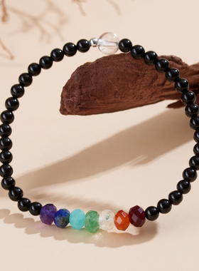 权志龙同款男款手链天然水晶黑碧玺七彩生命石彩虹女士手串新中式