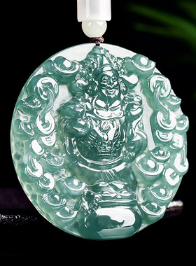 正品天然A货翡翠蓝水福禄财神冰种玉石吊坠财神男士玉坠女款挂件