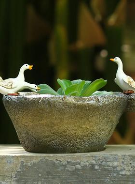创意铜钱草水培植物花盆石臼可爱小白鸭子摆件花园庭院茶桌装饰品