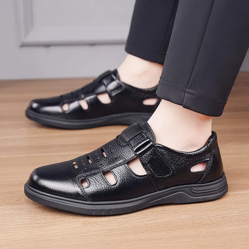 休闲皮鞋男潮新款洞洞真皮凉鞋镂空青年工作鞋软底透气百搭爸爸鞋,淘宝优惠券,粉丝福利购,淘宝优惠卷