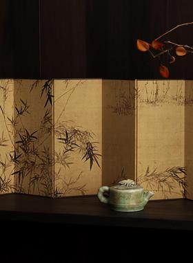 东方美学竹图双面桌面小屏风茶桌屏风茶室背景摆件