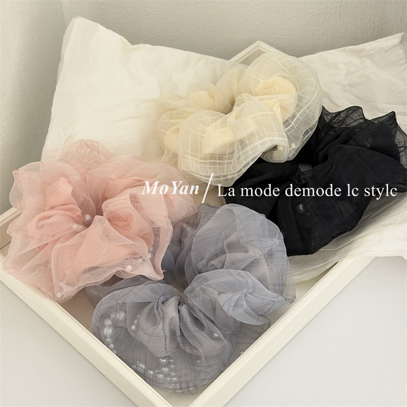 韩版双层格纹网纱珍珠大肠发圈感网红发绳慵懒丸子头头绳头花,淘宝优惠券,粉丝福利购,淘宝优惠卷