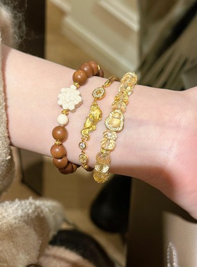 复古新中式精工棕绳拉丝锦鲤金钱编织手链镶钻感贵气精致手饰