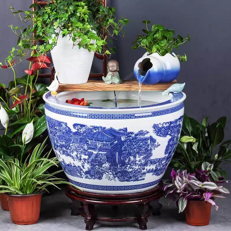 景德镇青花陶瓷古法养鱼缸碗莲睡莲荷花户外养龟缸庭院落地大水缸,淘宝优惠券,粉丝福利购,淘宝优惠卷