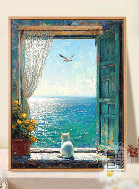 猫咪与海鸥数字油画手工填色画画