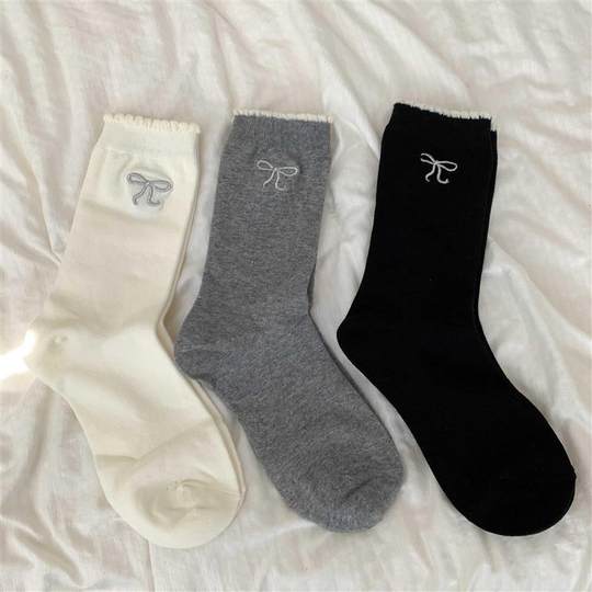 白色花边蝴蝶结袜子女春秋纯色中筒袜韩系提花款显瘦堆堆袜MM