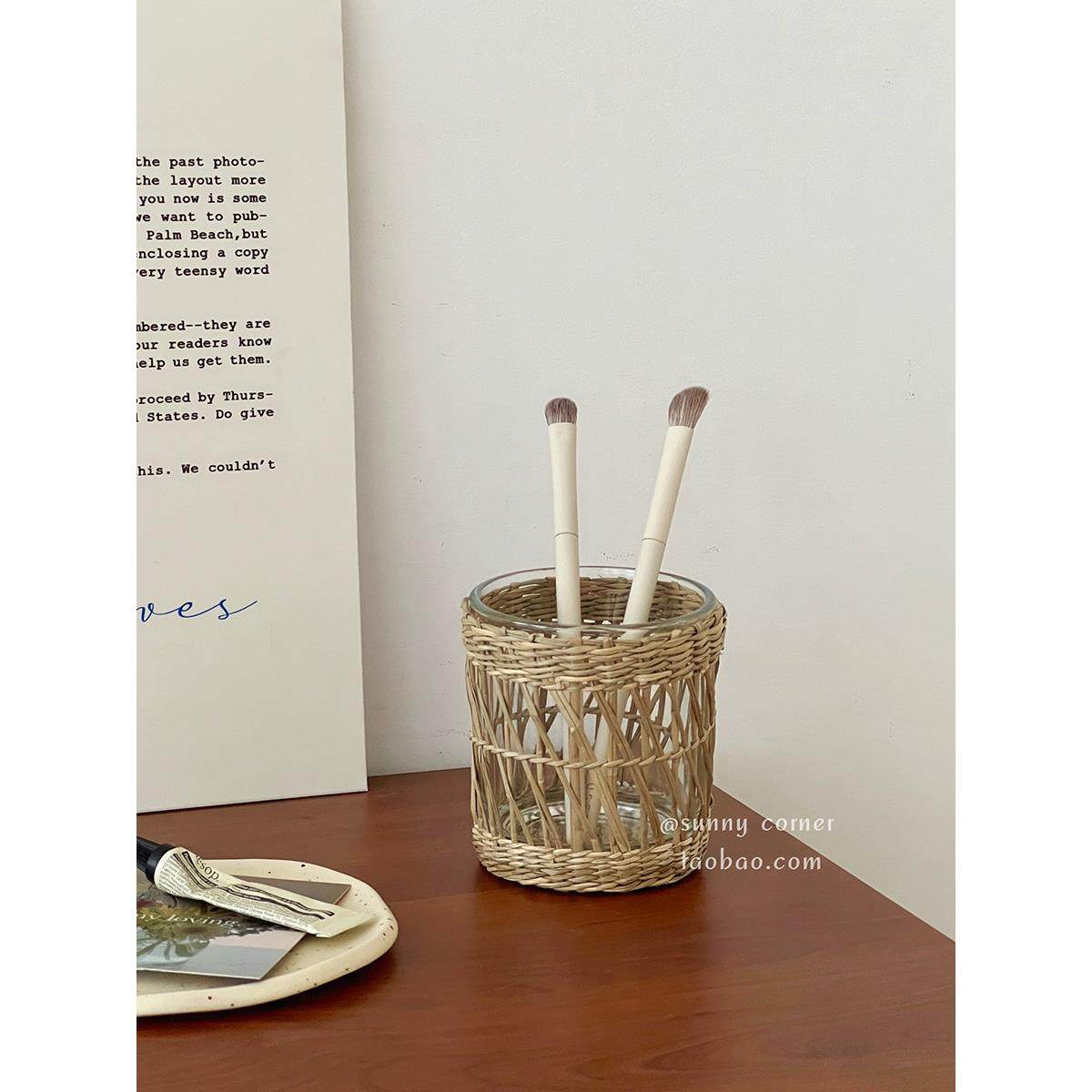 草编多功能化妆刷收纳筒桌面文具笔筒圆柱形手工编织玻璃收纳桶,淘宝优惠券,粉丝福利购,淘宝优惠卷